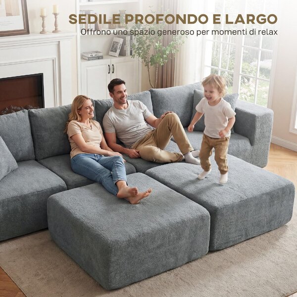DecHome Divano Componibile 4 Posti Moderno in Tessuto Effetto Velluto Dimensioni 294x165x70 cm colore Grigio Scuro