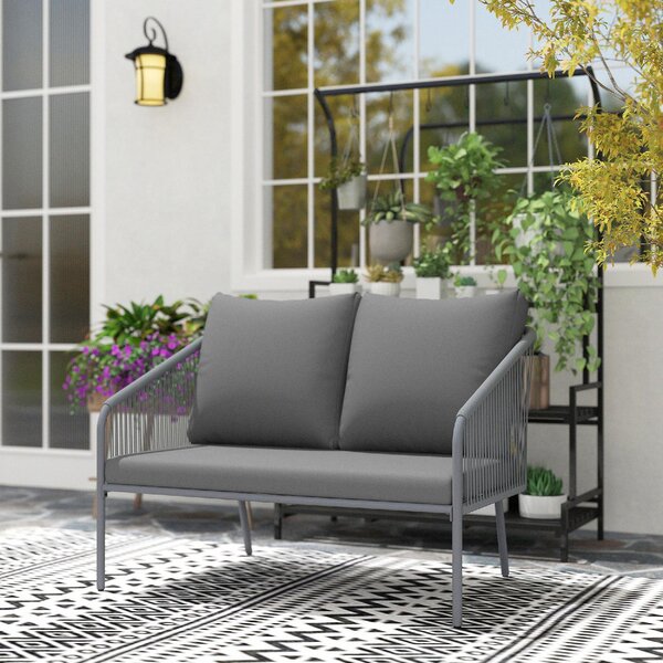 VivaGarden Divano da Esterno 2 Posti con Cuscini e Braccioli in Acciaio e Rattan PE 112x72x76 cm colore Grigio