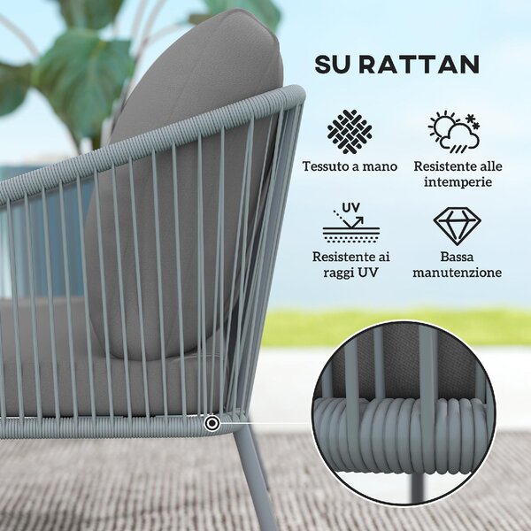 VivaGarden Divano da Esterno 2 Posti con Cuscini e Braccioli in Acciaio e Rattan PE 112x72x76 cm colore Grigio