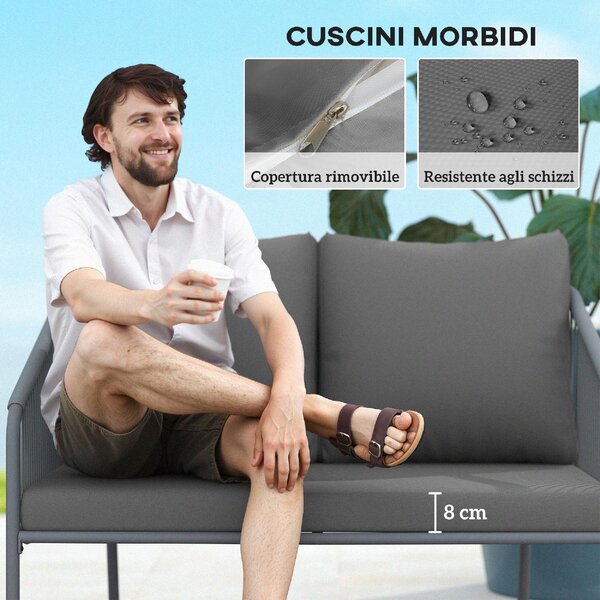 VivaGarden Divano da Esterno 2 Posti con Cuscini e Braccioli in Acciaio e Rattan PE 112x72x76 cm colore Grigio