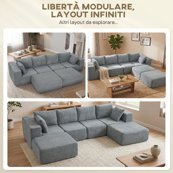 DecHome Divano Componibile 4 Posti Moderno in Tessuto Effetto Velluto Dimensioni 294x165x70 cm colore Grigio Scuro