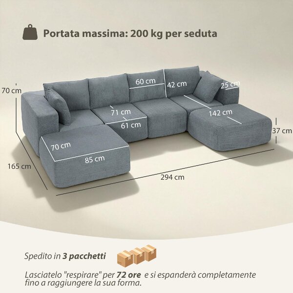 DecHome Divano Componibile 4 Posti Moderno in Tessuto Effetto Velluto Dimensioni 294x165x70 cm colore Grigio Scuro