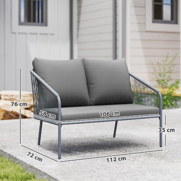 VivaGarden Divano da Esterno 2 Posti con Cuscini e Braccioli in Acciaio e Rattan PE 112x72x76 cm colore Grigio