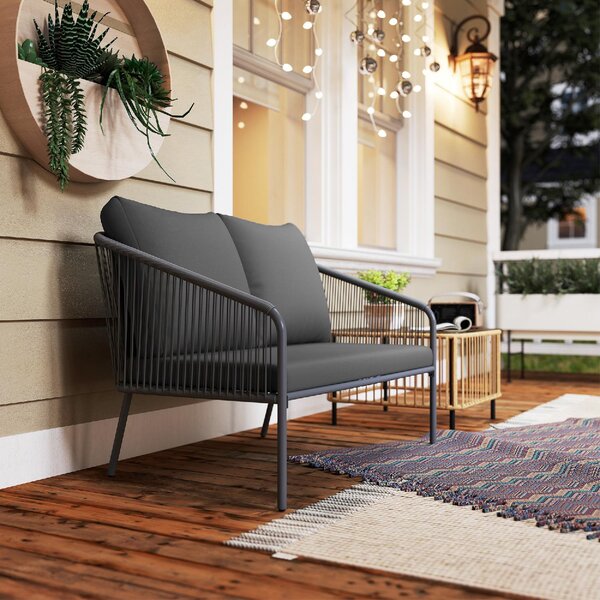 VivaGarden Divano da Esterno 2 Posti con Cuscini e Braccioli in Acciaio e Rattan PE 112x72x76 cm colore Grigio