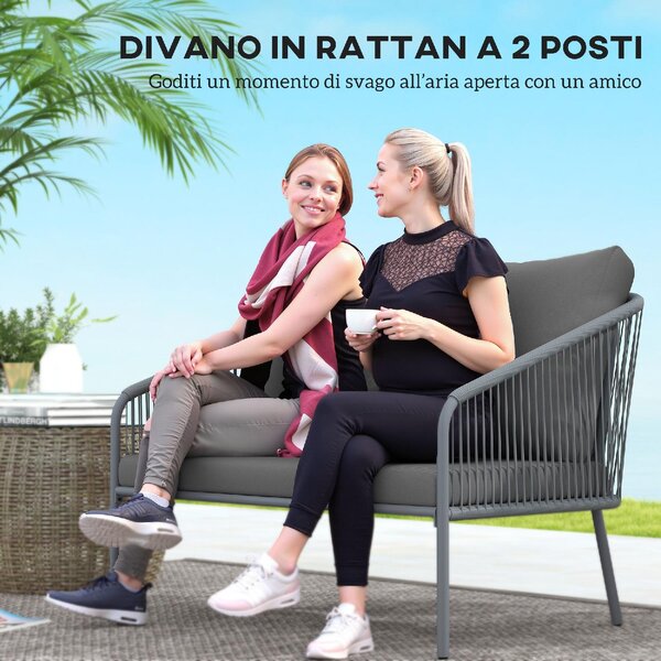 VivaGarden Divano da Esterno 2 Posti con Cuscini e Braccioli in Acciaio e Rattan PE 112x72x76 cm colore Grigio