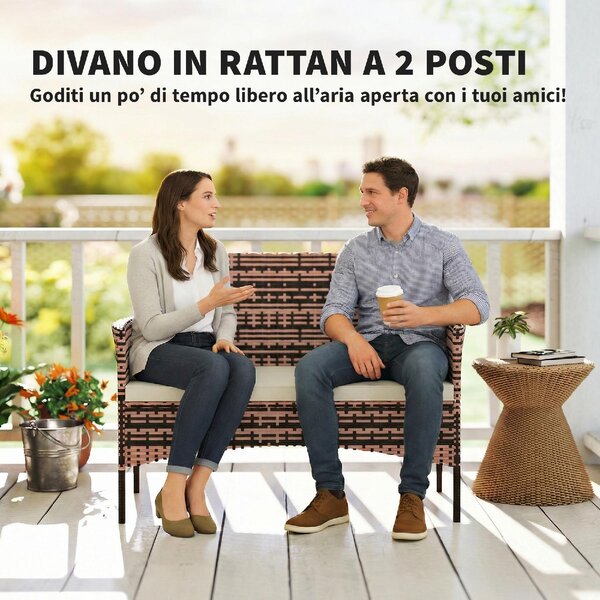 VivaGarden Divano da Esterno 2 Posti con Cuscini in Rattan e Acciaio 115x63x85 cm colore Beige