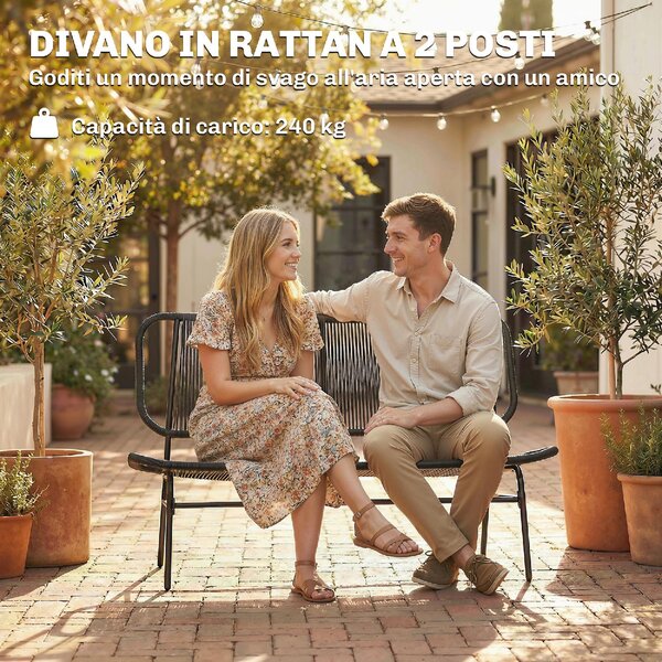 VivaGarden Divano da Esterno 2 Posti senza Braccioli in Rattan PE e Acciaio 117x67x80 cm colore Nero
