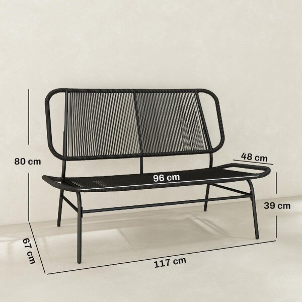 VivaGarden Divano da Esterno 2 Posti senza Braccioli in Rattan PE e Acciaio 117x67x80 cm colore Nero