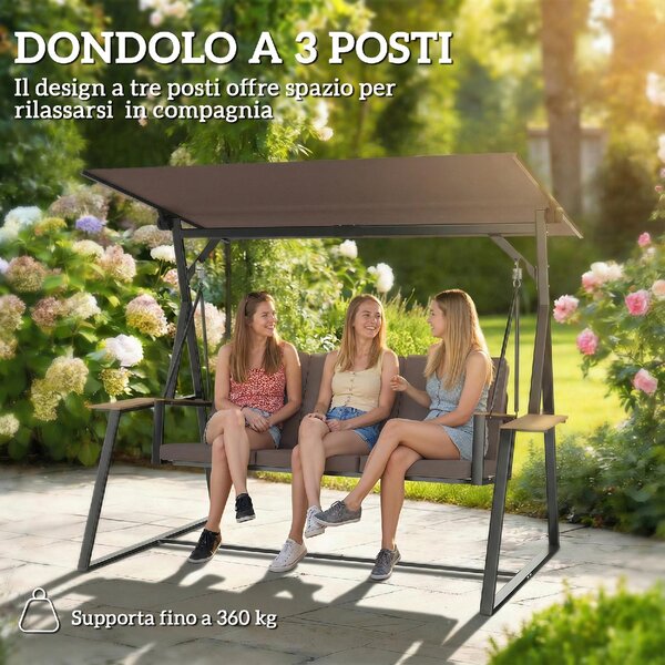 VivaGarden Dondolo da Giardino 3 Posti con Tettuccio Regolabile e Porta Bicchieri in Metallo Dimensioni 222x131x175 cm colore Marrone
