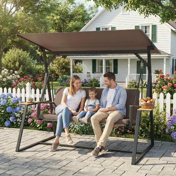 VivaGarden Dondolo da Giardino 3 Posti con Tettuccio Regolabile e Porta Bicchieri in Metallo Dimensioni 222x131x175 cm colore Marrone