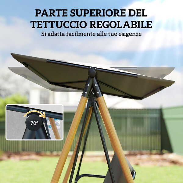VivaGarden Dondolo da Giardino 3 Posti con Tettuccio Regolabile e Cuscino in Acciaio/Texteline/Poliestere Dimensioni 208x125x180 cm colore Grigio