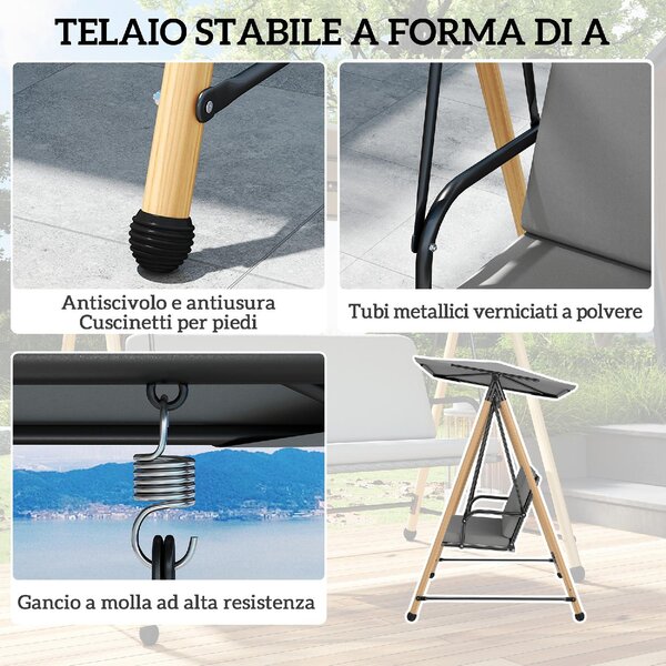 VivaGarden Dondolo da Giardino 3 Posti con Tettuccio Regolabile e Cuscino in Acciaio/Texteline/Poliestere Dimensioni 208x125x180 cm colore Grigio