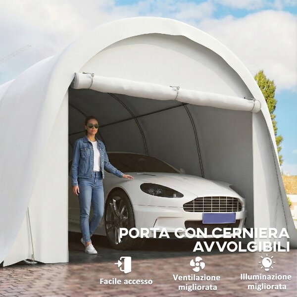 VivaGarden Gazebo Auto Tenda Garage Moto Bici 3.6x7.2 m in Metallo Zincato/PE Chiuso con Porta Avvolgibile colore Crema