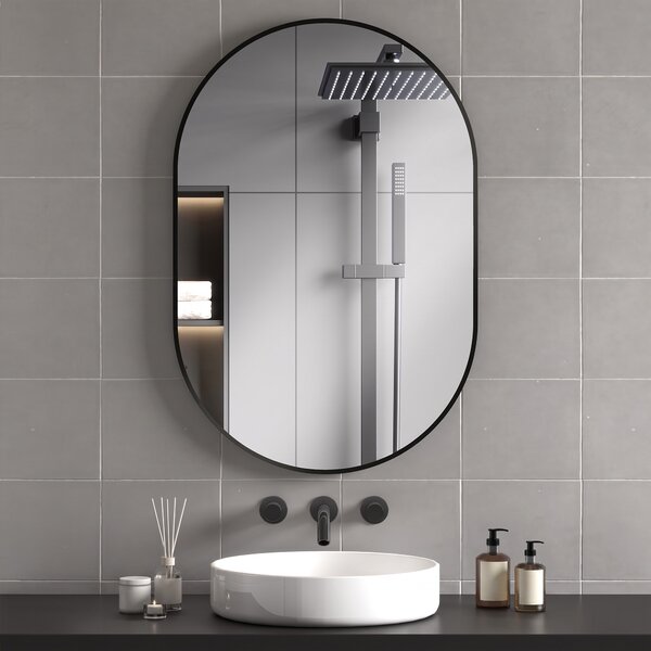 HOMCOM Specchio Bagno Ovale da Parete con Cornice in Alluminio, Verticale o Orizzontale, 60x90cm, Nero | Aosom Italy