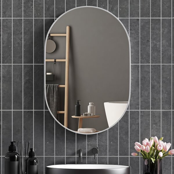 HOMCOM Specchio Bagno Ovale da Parete con Cornice in Alluminio, Verticale o Orizzontale, 60x90 cm, Argento | Aosom Italy