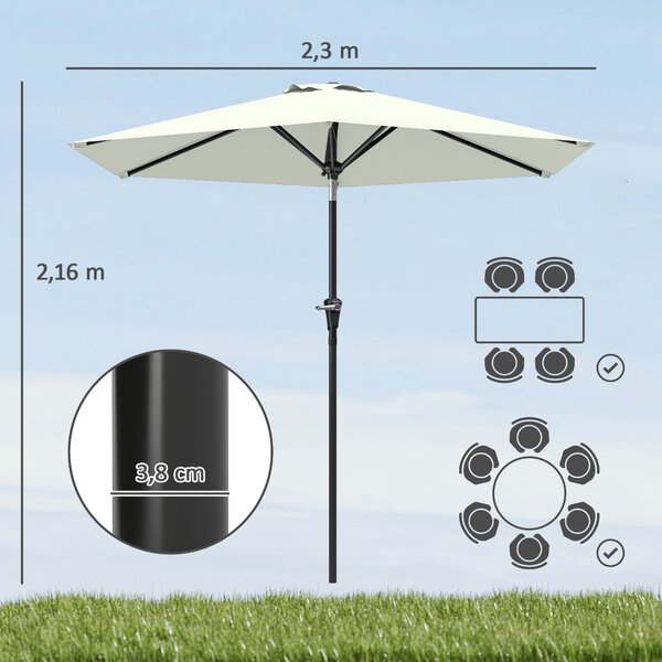 Outsunny Ombrellone da Giardino Inclinabile Φ230cm, Apertura a Manovella, Palo in Metallo e 6 Stecche, Bianco Crema|Aosom