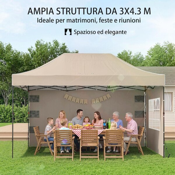 VivaGarden Gazebo da Giardino 2.9x4.3 m Pieghevole in Metallo/Tessuto Oxford con Pareti Laterali colore Marrone Sabbia