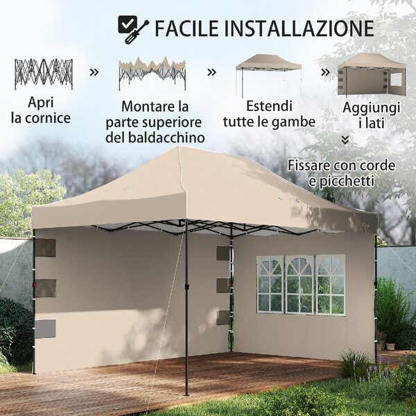 VivaGarden Gazebo da Giardino 2.9x4.3 m Pieghevole in Metallo/Tessuto Oxford con Pareti Laterali colore Marrone Sabbia