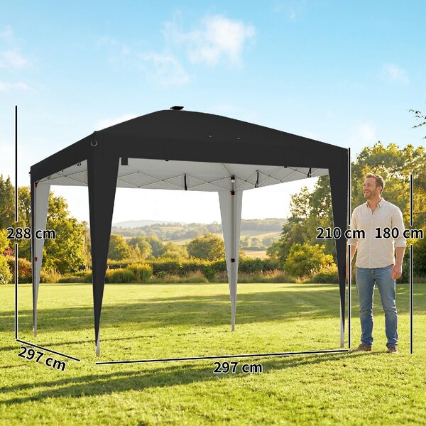 VivaGarden Gazebo da Giardino 3x3 m Pieghevole in Metallo/Poliestere con Luce Centrale colore Nero