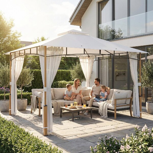 VivaGarden Gazebo da Giardino 3x3,6 m in Metallo/Poliestere Doppio Tetto colore Crema
