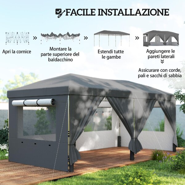 VivaGarden Gazebo da Giardino 3x6 m Pieghevole in Metallo/Tessuto Oxford con Pareti Laterali colore Grigio Scuro