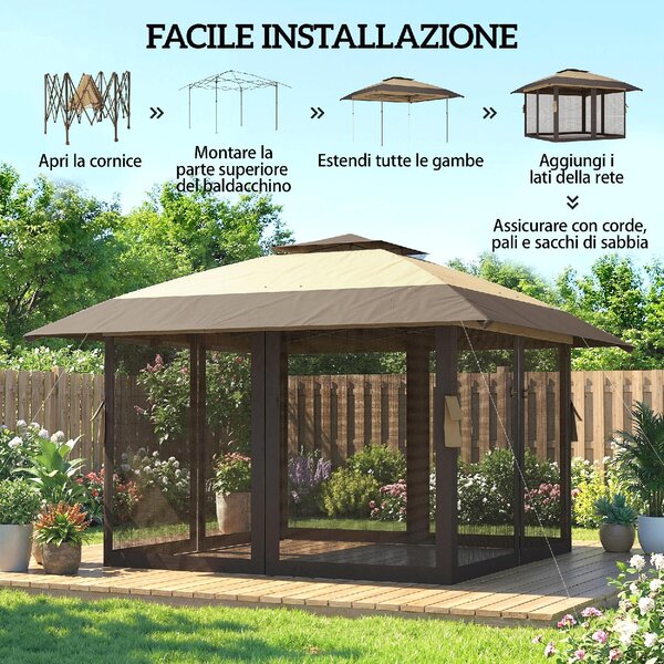 VivaGarden Gazebo da Giardino 4x4 m Pieghevole in Metallo/Poliestere con Zanzariere e Doppio Tetto colore Cachi/Marrone