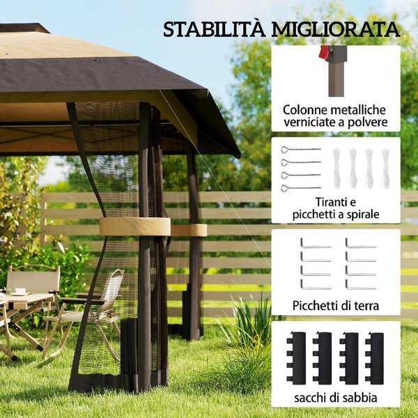 VivaGarden Gazebo da Giardino 4x4 m Pieghevole in Metallo/Poliestere con Zanzariere e Doppio Tetto colore Cachi/Marrone