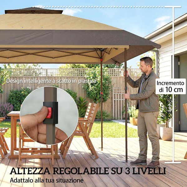 VivaGarden Gazebo da Giardino 4x4 m Pieghevole in Metallo/Poliestere con Zanzariere e Doppio Tetto colore Cachi/Marrone