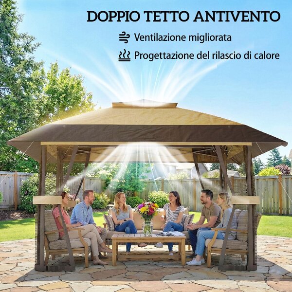 VivaGarden Gazebo da Giardino 4x4 m Pieghevole in Metallo/Poliestere con Zanzariere e Doppio Tetto colore Cachi/Marrone