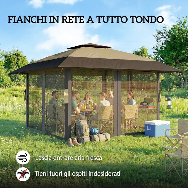 VivaGarden Gazebo da Giardino 4x4 m Pieghevole in Metallo/Poliestere con Zanzariere e Doppio Tetto colore Cachi/Marrone