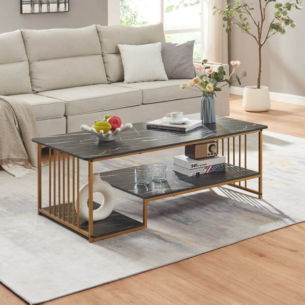 Tavolino 'Klibro' con 2 ripiani 120 x 60 x 42 cm aspetto marmo, nero/oro