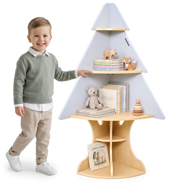 Scaffale angolare a forma di albero per giocattoli, marca Mamabrum, con 3 ripiani, altezza 122 cm, dotato di 4 vani aperti, realizzato in MDF grigio e legno naturale, completo di sistema di fissaggio a parete