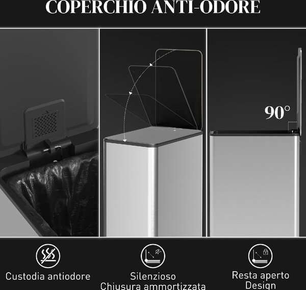 DecHome Pattumiera 20 Litri con Chiusura Ammortizzata e Secchio Rimovibile in Acciaio e PP 21.5x37.2x57 cm colore Argento