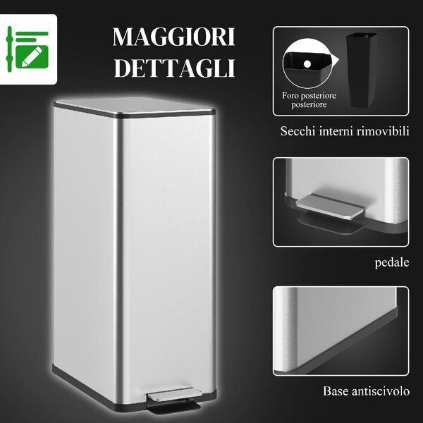 DecHome Pattumiera 20 Litri con Chiusura Ammortizzata e Secchio Rimovibile in Acciaio e PP 21.5x37.2x57 cm colore Argento