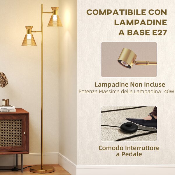 HOMCOM Lampada da Terra Moderna con 2 Luci e Teste Regolabili, Interruttore a Pedale, Oro | Aosom Italy