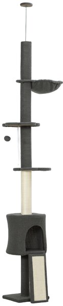PawHut Albero per Gatti a Soffitto Alto 220-240 cm con Amaca, Casetta, Piattaforme a Fiore e Pali in Sisal, Grigio | Aosom Italy