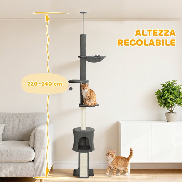 PawHut Albero per Gatti a Soffitto Alto 220-240 cm con Amaca, Casetta, Piattaforme a Fiore e Pali in Sisal, Grigio | Aosom Italy