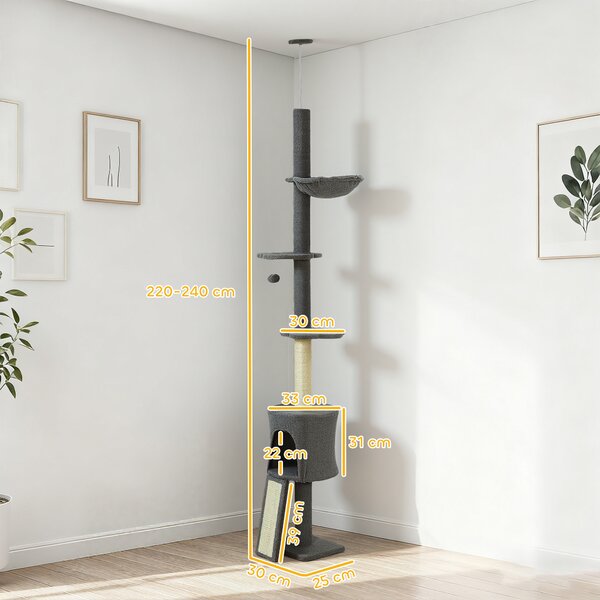 PawHut Albero per Gatti a Soffitto Alto 220-240 cm con Amaca, Casetta, Piattaforme a Fiore e Pali in Sisal, Grigio | Aosom Italy