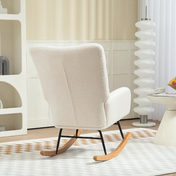 DecHome Poltrona a Dondolo Moderna in Velluto Teddy/Metallo/Legno Dimensioni 70x94x100 cm colore Bianco Crema