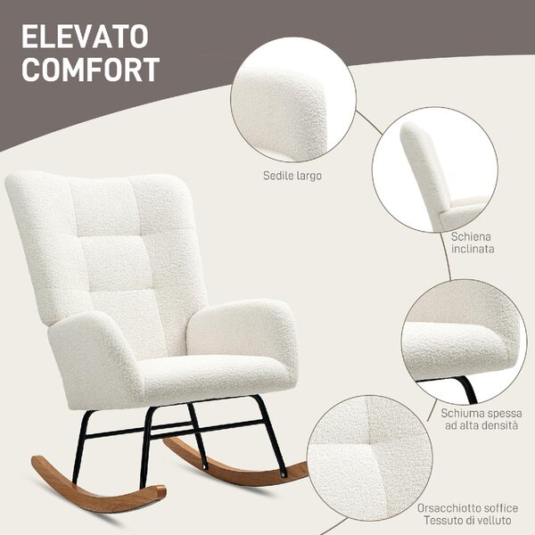 DecHome Poltrona a Dondolo Moderna in Velluto Teddy/Metallo/Legno Dimensioni 70x94x100 cm colore Bianco Crema