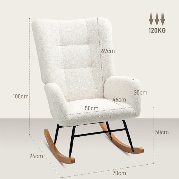 DecHome Poltrona a Dondolo Moderna in Velluto Teddy/Metallo/Legno Dimensioni 70x94x100 cm colore Bianco Crema