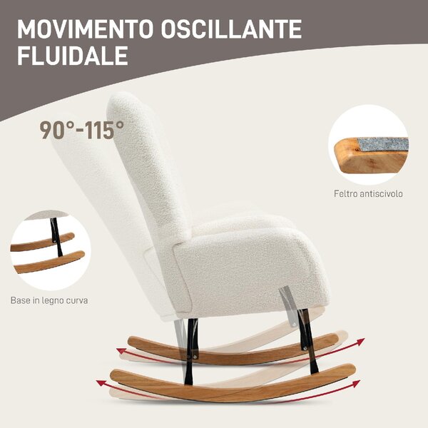 DecHome Poltrona a Dondolo Moderna in Velluto Teddy/Metallo/Legno Dimensioni 70x94x100 cm colore Bianco Crema