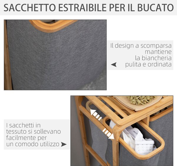 HOMCOM Cesto Portabiancheria con 3 Scomparti Estraibili in Tessuto e Bambù, 50x32x69.7cm|Aosom