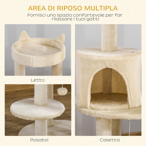 PawHut Albero Tiragraffi per Gatti Adulti con Cuccia Spaziosa e Piattaforma, 104 cm, Bianco Crema | Aosom Italy