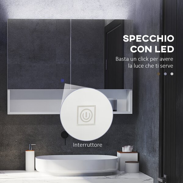 HOMCOM Armadietto da Bagno con Specchio a Muro, con Luci a LED, Ripiano Aperto e Ripiano Interno Regolabile, in Vetro e MDF, 80x15x60cm| Aosom Italy