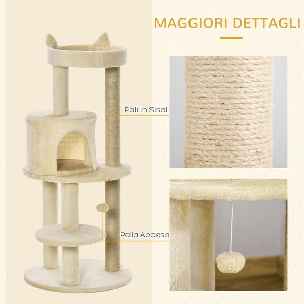 PawHut Albero Tiragraffi per Gatti Adulti con Cuccia Spaziosa e Piattaforma, 104 cm, Bianco Crema | Aosom Italy