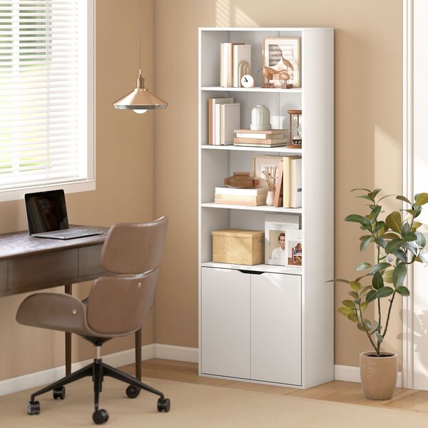 HOMCOM Libreria Moderna 4 Ripiani con Armadietto a 2 Ante in Legno, Mobile Multiuso per Soggiorno, Ufficio e Studio, 59x29x180cm, Bianco|Aosom