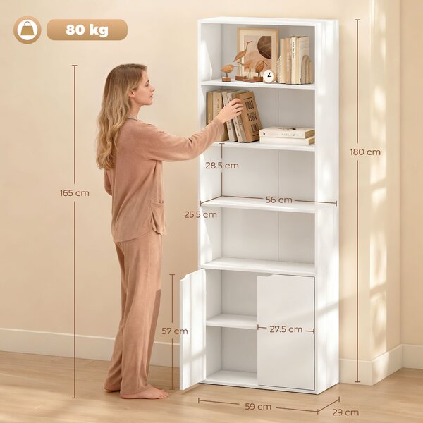 HOMCOM Libreria Moderna 4 Ripiani con Armadietto a 2 Ante in Legno, Mobile Multiuso per Soggiorno, Ufficio e Studio, 59x29x180cm, Bianco|Aosom