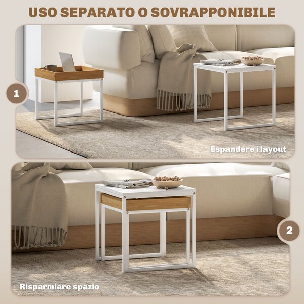 HOMCOM Set di Tavolini da Caffè Impilabili Moderni con Vassoio, 45x45x45 cm, Bianco e Rovere | Aosom Italy