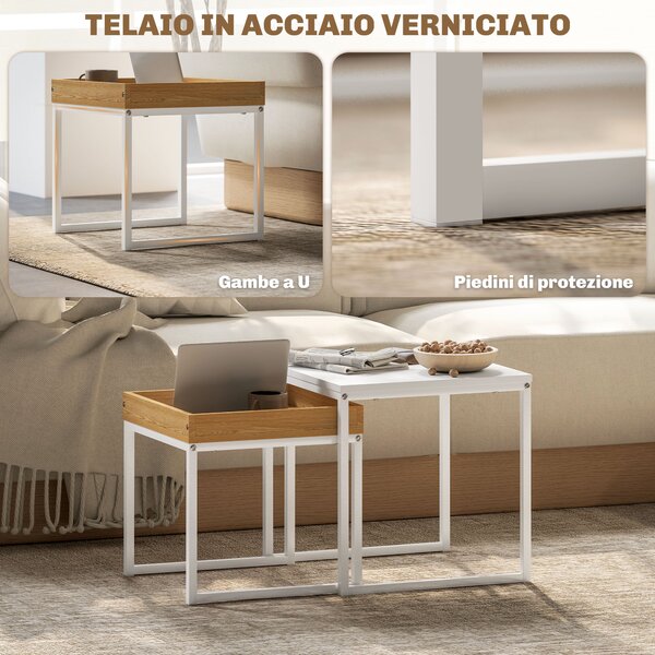 HOMCOM Set di Tavolini da Caffè Impilabili Moderni con Vassoio, 45x45x45 cm, Bianco e Rovere | Aosom Italy